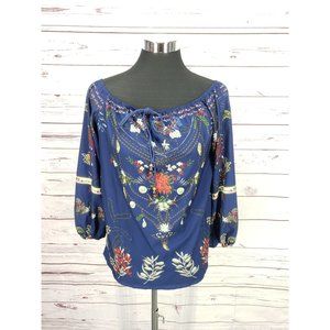 Sheilay Blue Print floral off shoulder long sleeves boho blue‎ Medium Blouse